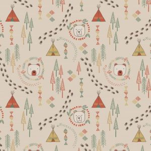 Lewis & Irene Fabrics Big Bear Little Bear Wigwam Woods On Milky Tea