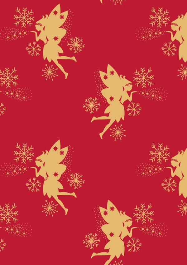 Lewis & Irene Fabrics Make A Christmas Wish Gold Metallic Fairies On Red