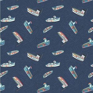 Lewis & Irene Harbour Side Fishing Boats On Navy Blue