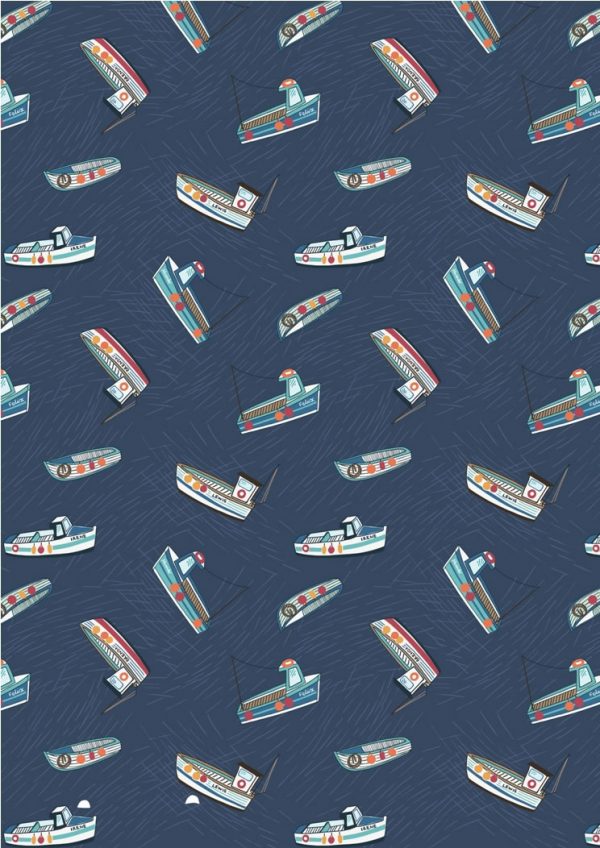 Lewis & Irene Harbour Side Fishing Boats On Navy Blue