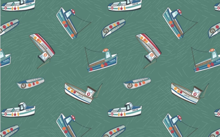 Lewis & Irene Harbour Side Fishing Boats Sea Green