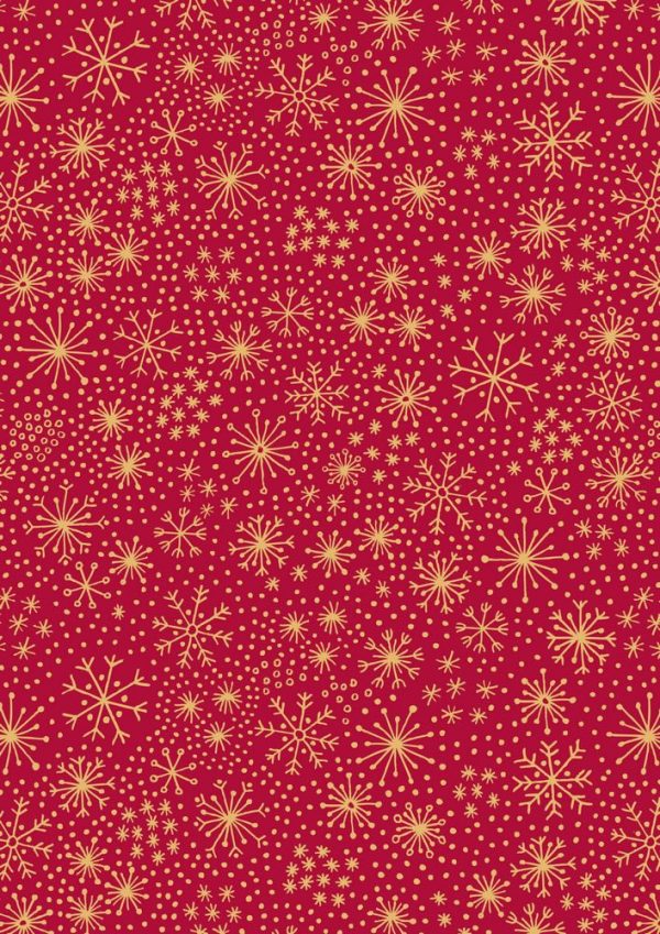 Lewis & Irene Fabrics Make A Christmas Wish Gold Metallic Snowflakes On Red