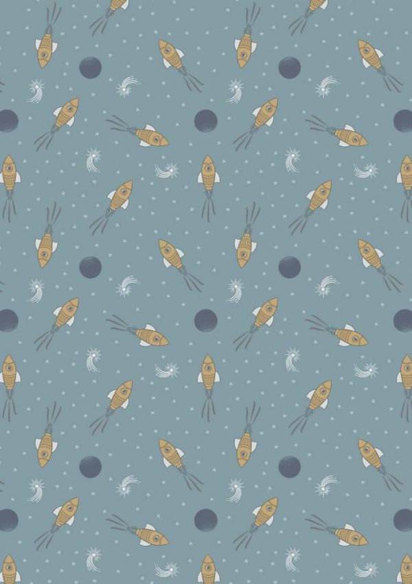 Lewis & Irene Fabrics To the Moon and Back Rockets On Blue Grey