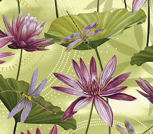 Benartex Dance of the Dragonfly Waterlily Pool Green