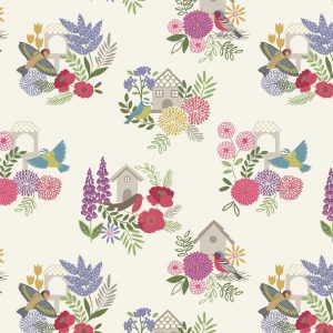 Lewis & Irene Fabric Grandma's Garden Bird Houses Pale Cream