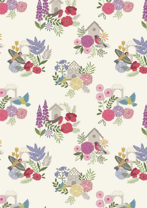 Lewis & Irene Fabric Grandma's Garden Bird Houses Pale Cream