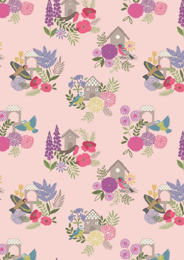 Lewis & Irene Fabric Grandma's Garden Bird Houses Pink