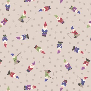 Lewis & Irene Fabrics Grandma's Garden Gnomes On Natural