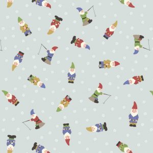 Lewis & Irene Fabrics Grandma's Garden Gnomes On Pale Blue