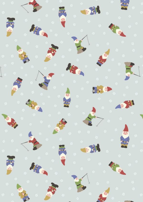 Lewis & Irene Fabrics Grandma's Garden Gnomes On Pale Blue