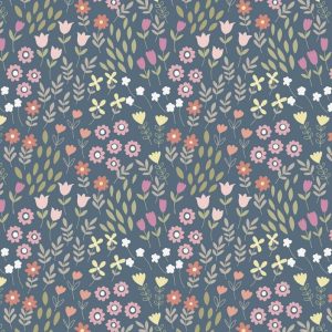 Lewis & Irene Fabrics Bunny Garden Flowers on Denim