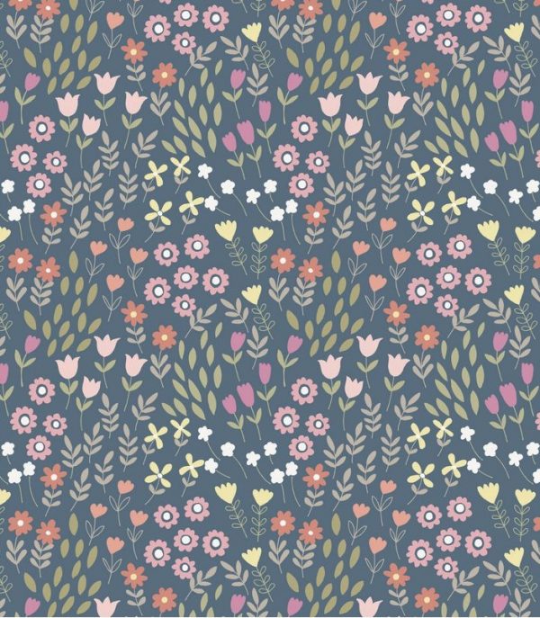 Lewis & Irene Fabrics Bunny Garden Flowers on Denim