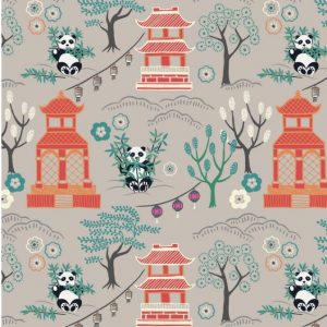 Lewis & Irene Fabrics Minshan Panda Temple Light Grey
