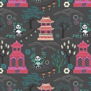 Lewis & Irene Fabrics Minshan Panda Temple on Dark Grey