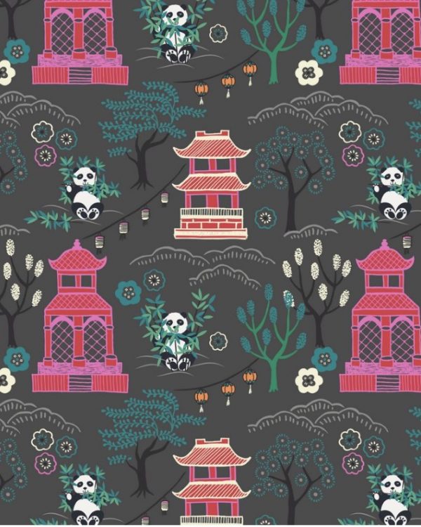 Lewis & Irene Fabrics Minshan Panda Temple on Dark Grey
