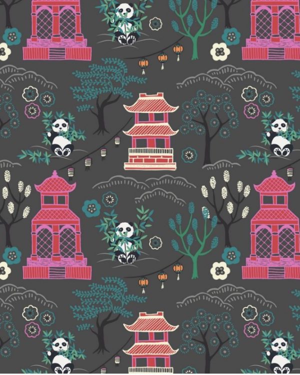 Lewis & Irene Fabrics Minshan Panda Temple on Dark Grey