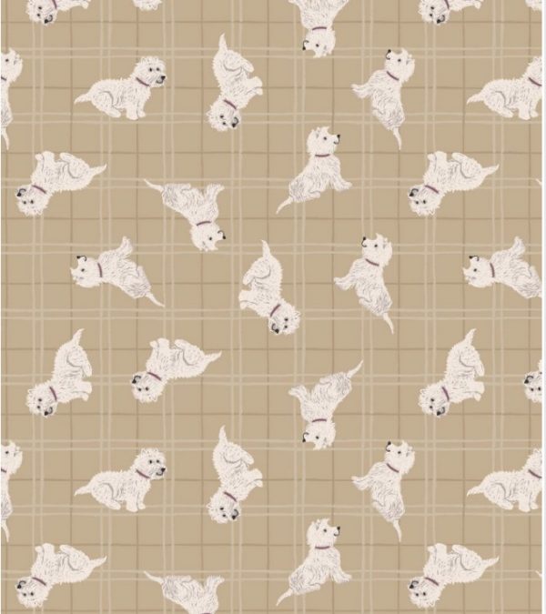 Lewis & Irene Fabrics A Walk in the Glen Tumbled Westies on Natural Check
