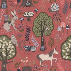Lewis & Irene Fabrics Enchanted Forest on Dusky Red