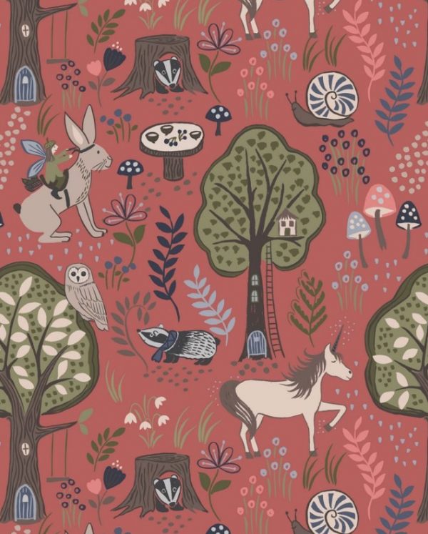 Lewis & Irene Fabrics Enchanted Forest on Dusky Red