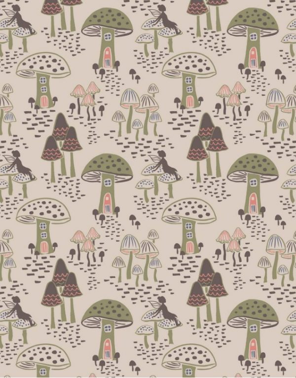 Lewis & Irene Fabrics Enchanted Forest Fairy Houses on Light Biscuit