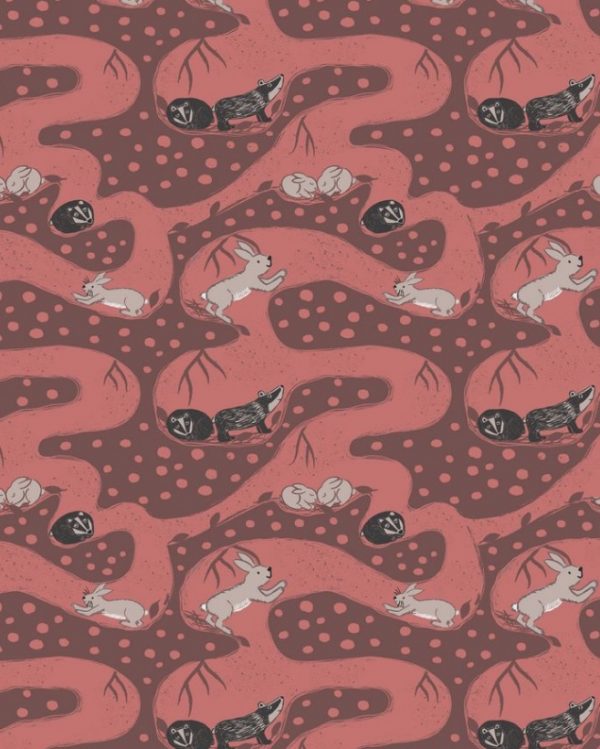 Lewis & Irene Fabrics Enchanted Forest Bunny Tunnels Clay Red