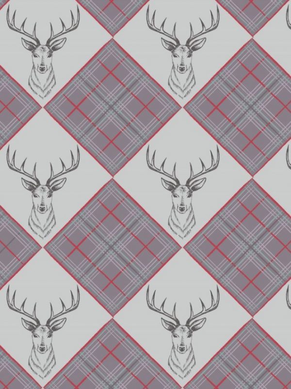 Lewis & Irene Fabrics The Glen Stag Head on Light Grey