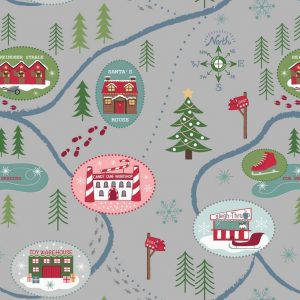 Lewis & Irene Fabrics North Pole Map on Dark Silver