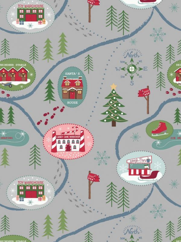 Lewis & Irene Fabrics North Pole Map on Dark Silver