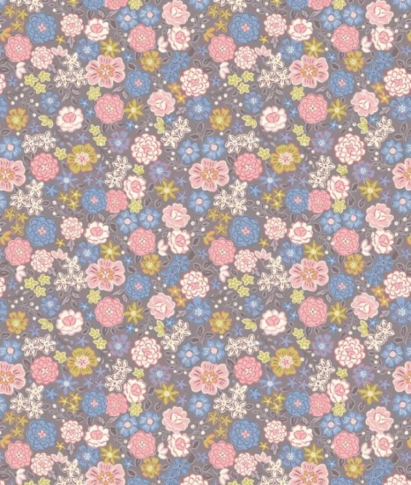 Lewis & Irene Fabrics Flo's Little Flowers Blooms on Grey