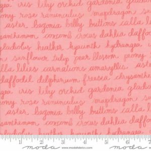 Moda Fabrics Olive's Flower Market Floriculture Script Pink