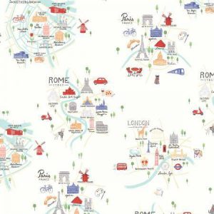 Clothworks Fabrics Jetset Europe Capital Maps on Cream