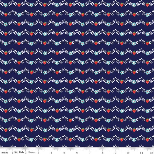Riley Blake Fabrics Vintage Market Strawberry Floral Vine on Navy