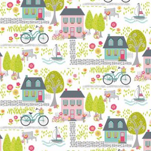 Benartex Fabrics Sunday Ride Neighbourhood Houses White