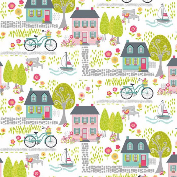 Benartex Fabrics Sunday Ride Neighbourhood Houses White