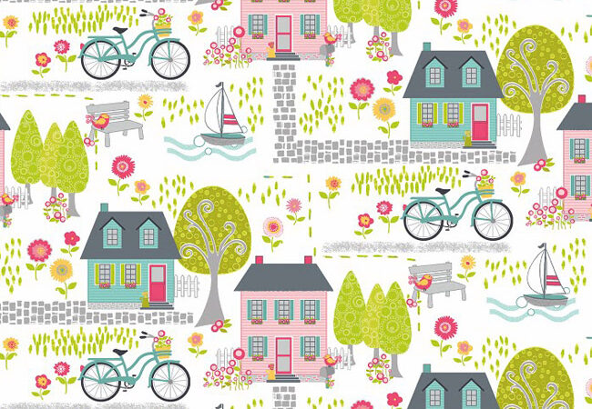 Benartex Sunday Ride Neighbourhood Houses White