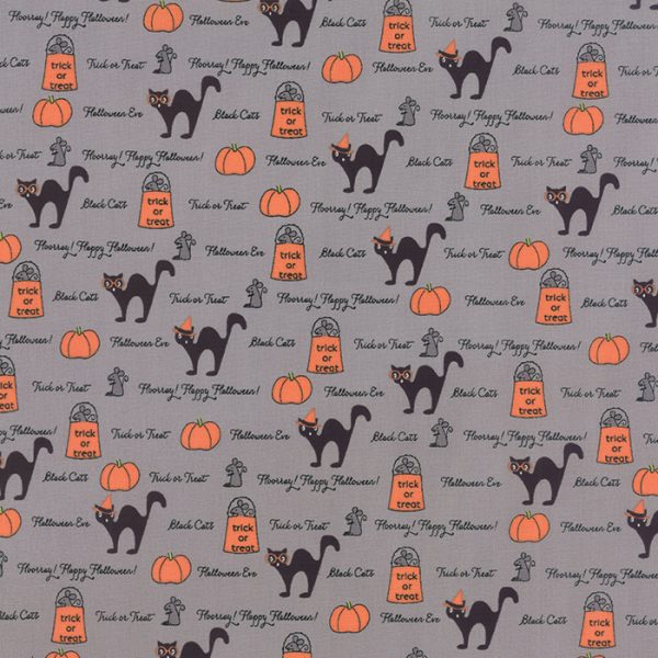 Moda Fabrics Spooky Delight Black Cats & Pumpkins Ash Grey