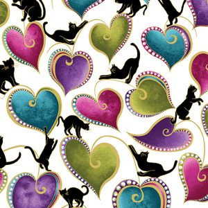 Benartex Catitude Hearts and Cats on White