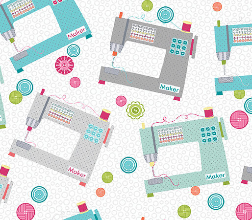 Benartex My Happy Place Sewing Machines on White