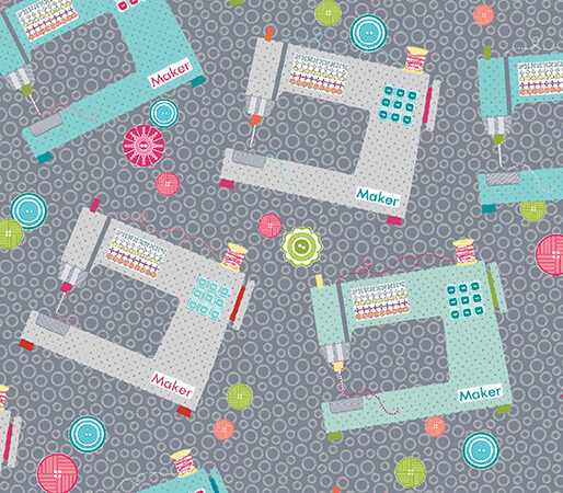 Benartex My Happy Place Sewing Machines on Grey