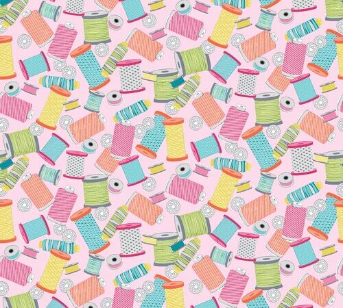 Benartex My Happy Place Bobbins & Spools Pink
