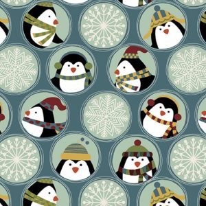 Benartex Jolly Penguin Friends & Flakes on Blue