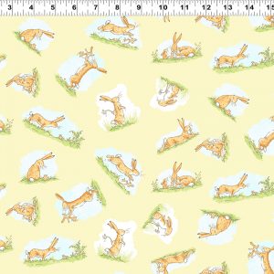 Clothworks Fabrics Guess How Much I Love You Hares on Lemon