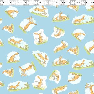 Clothworks Fabrics Guess How Much I Love You Hares on Blue