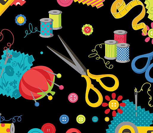 Benartex Sew Excited Sewing Notions Black