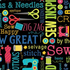 Benartex Fabrics Sew Excited Sew Wordy on Black