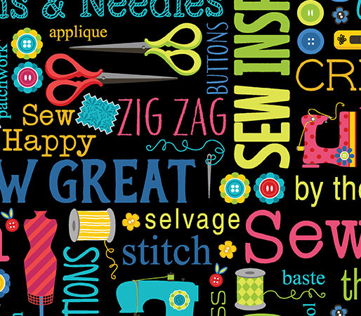 Benartex Sew Excited Sew Wordy Black