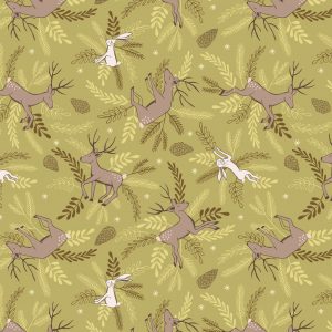 Lewis & Irene Fabrics New Forest Winter Deer & Hare on Green