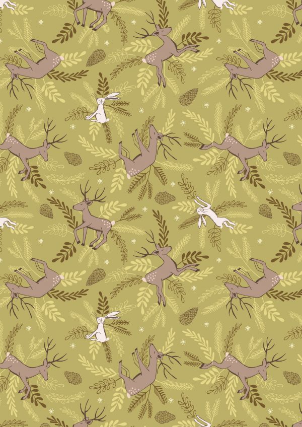 Lewis & Irene Fabrics New Forest Winter Deer & Hare on Green