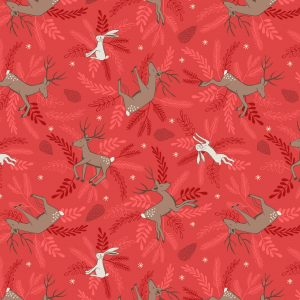 Lewis & Irene Fabrics New Forest Winter Deer & Hare Red