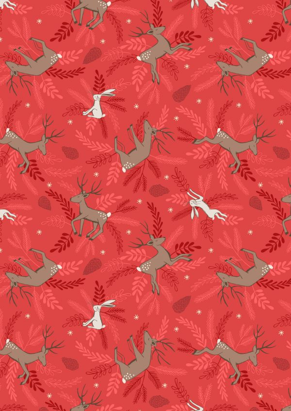 Lewis & Irene Fabrics New Forest Winter Deer & Hare Red